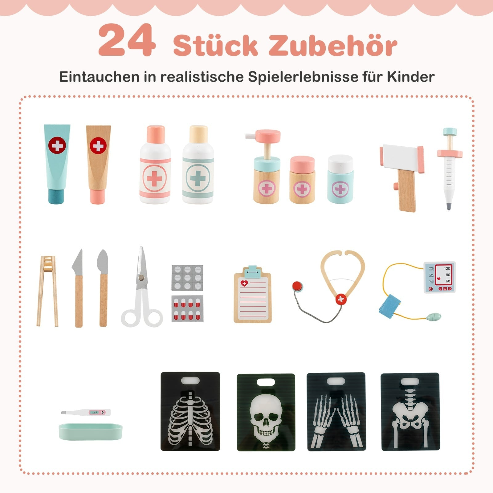 Ensemble de jouets de médecin en bois de 24 pièces avec divers instruments médicaux, bouteilles et cartes de radiographie.
