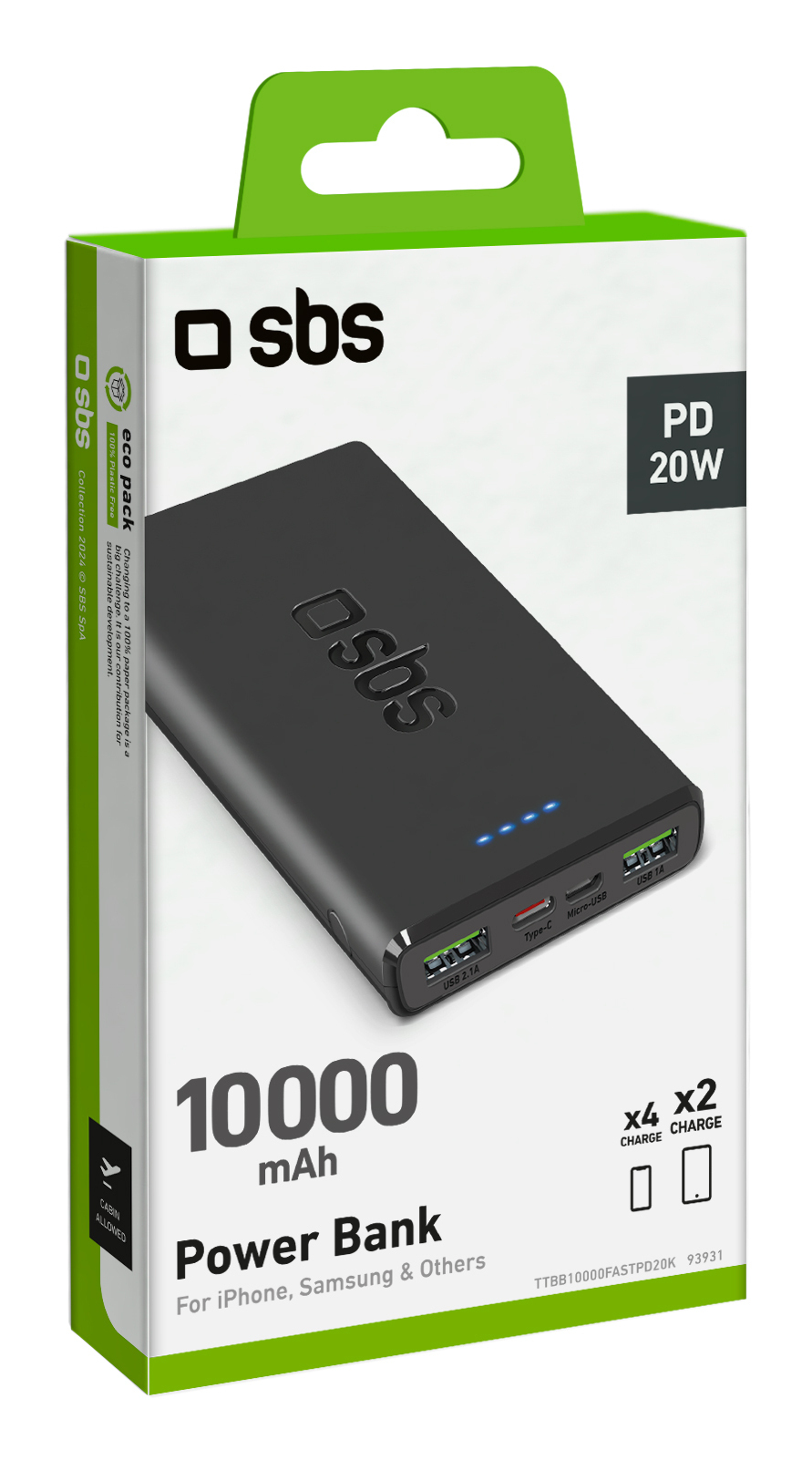 Confezione di un power bank SBS nero da 10000 mAh con PD 20W.