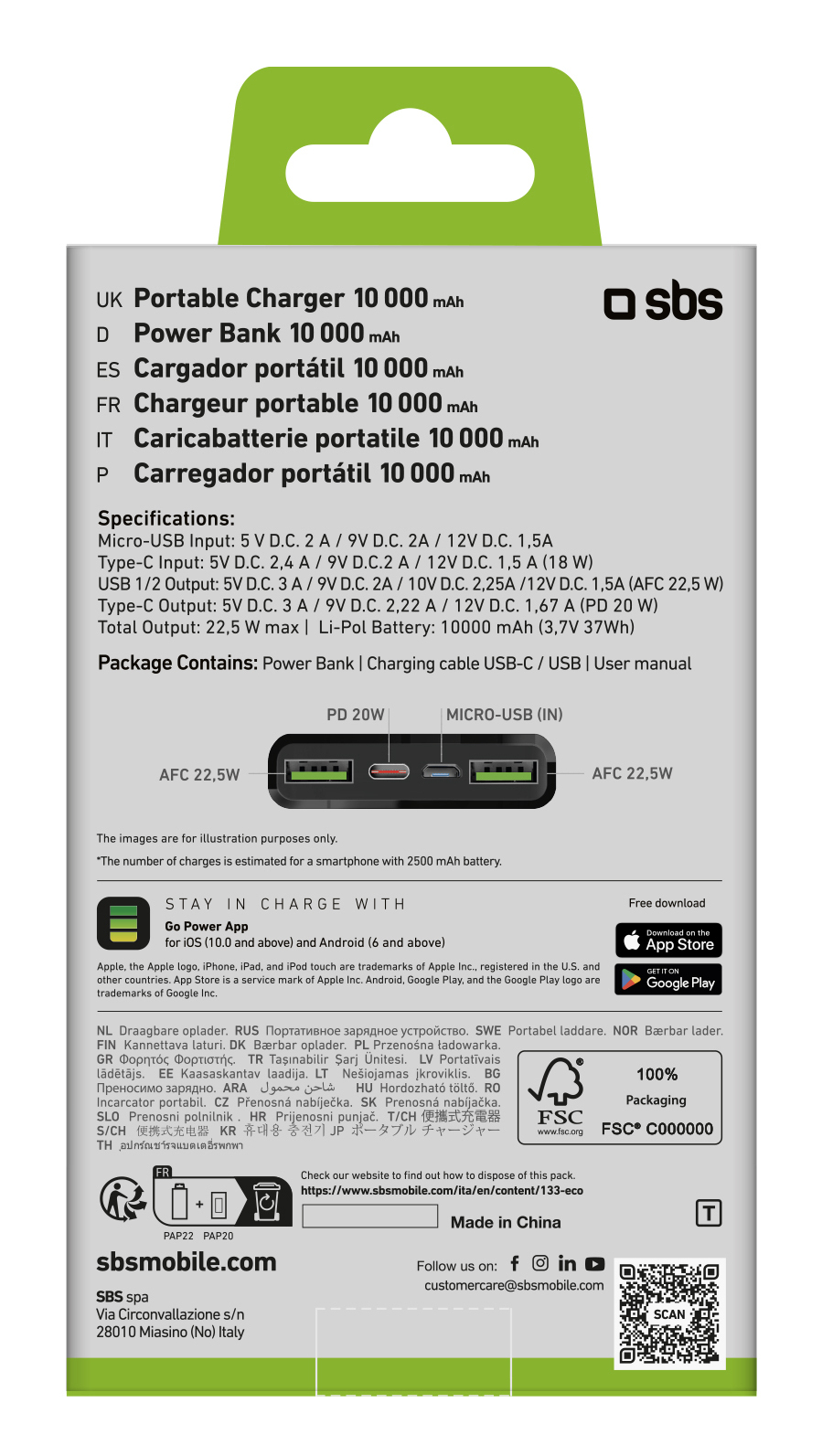 Retro della confezione di un power bank SBS con specifiche, porte e dettagli.