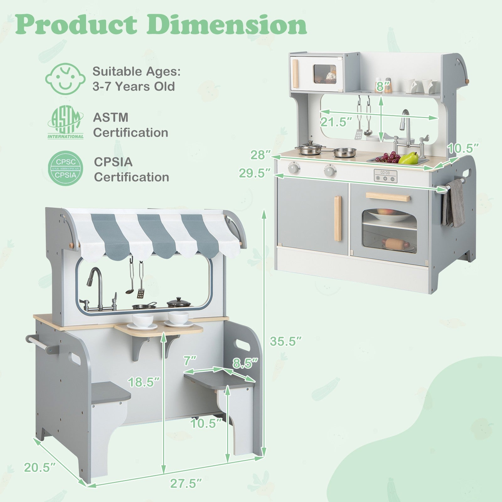Dimensions et certifications d'une cuisine jouet en bois gris et blanc avec coin salon et accessoires.