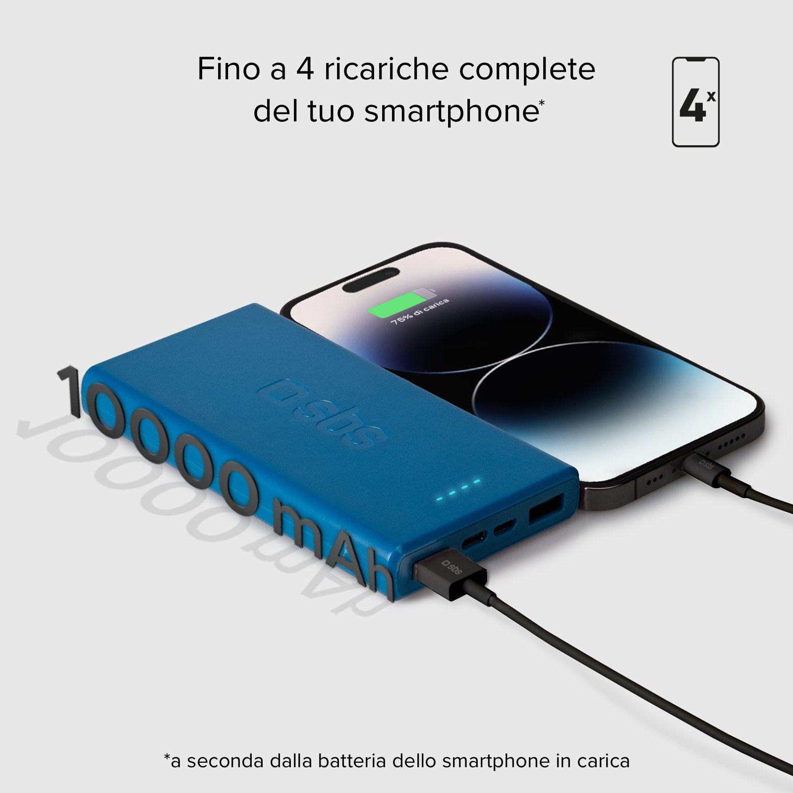 Power bank blu da 10000mAh che carica uno smartphone con cavo collegato su sfondo grigio.