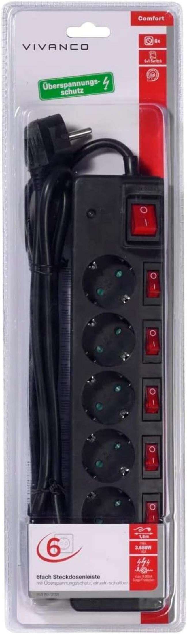 Regleta negra Vivanco con seis enchufes, interruptores individuales y protección contra sobretensiones en su envase.