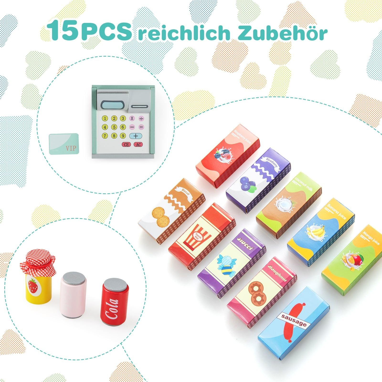 Ensemble de jouets en bois de 15 pièces avec caisse enregistreuse, nourriture et boissons.