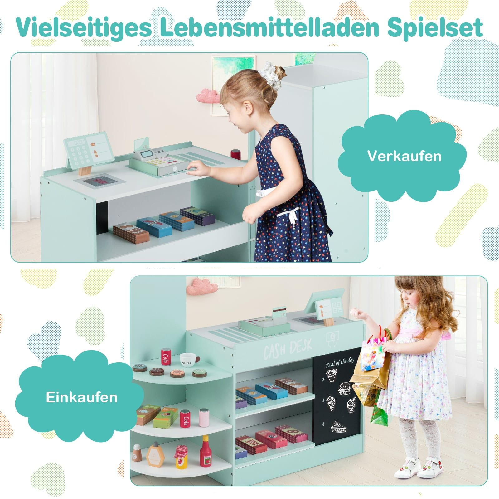 Un enfant joue avec une épicerie en bois bleu clair dotée d'une caisse enregistreuse et d'étagères.