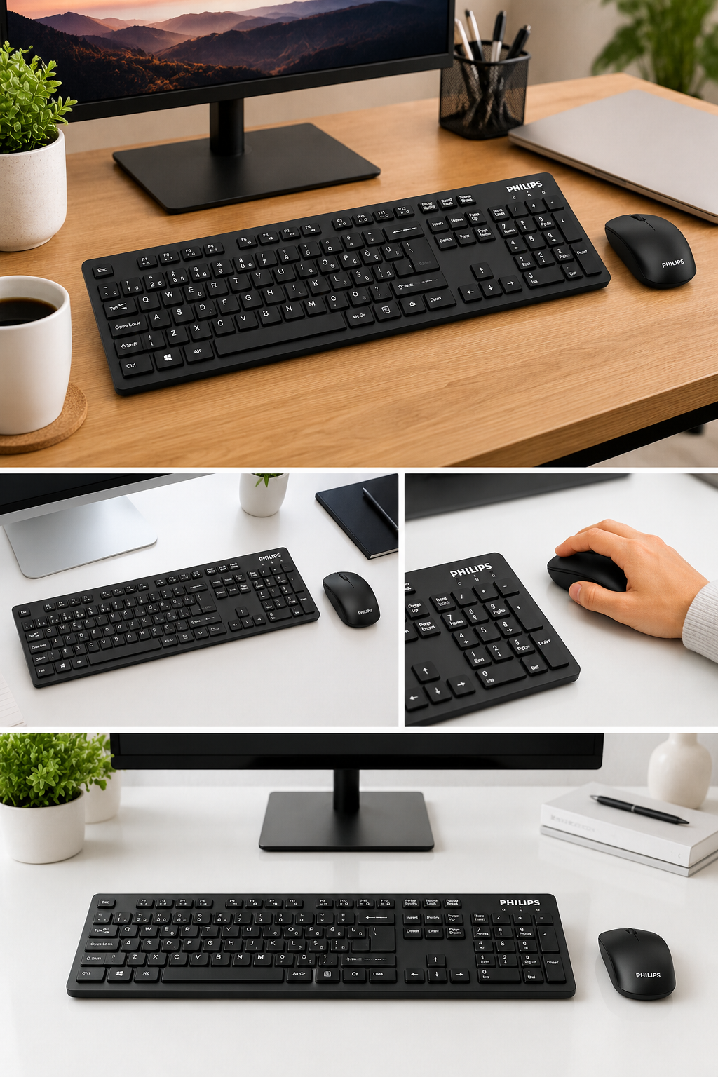 Ahşap masada, monitör, kahve fincanı ve bitki ile siyah Philips klavye ve fare seti.