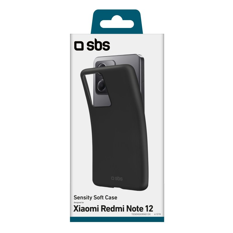 Embalaje para funda SBS Sensity Soft para Xiaomi Redmi Note 12, con imagen de funda negra.
