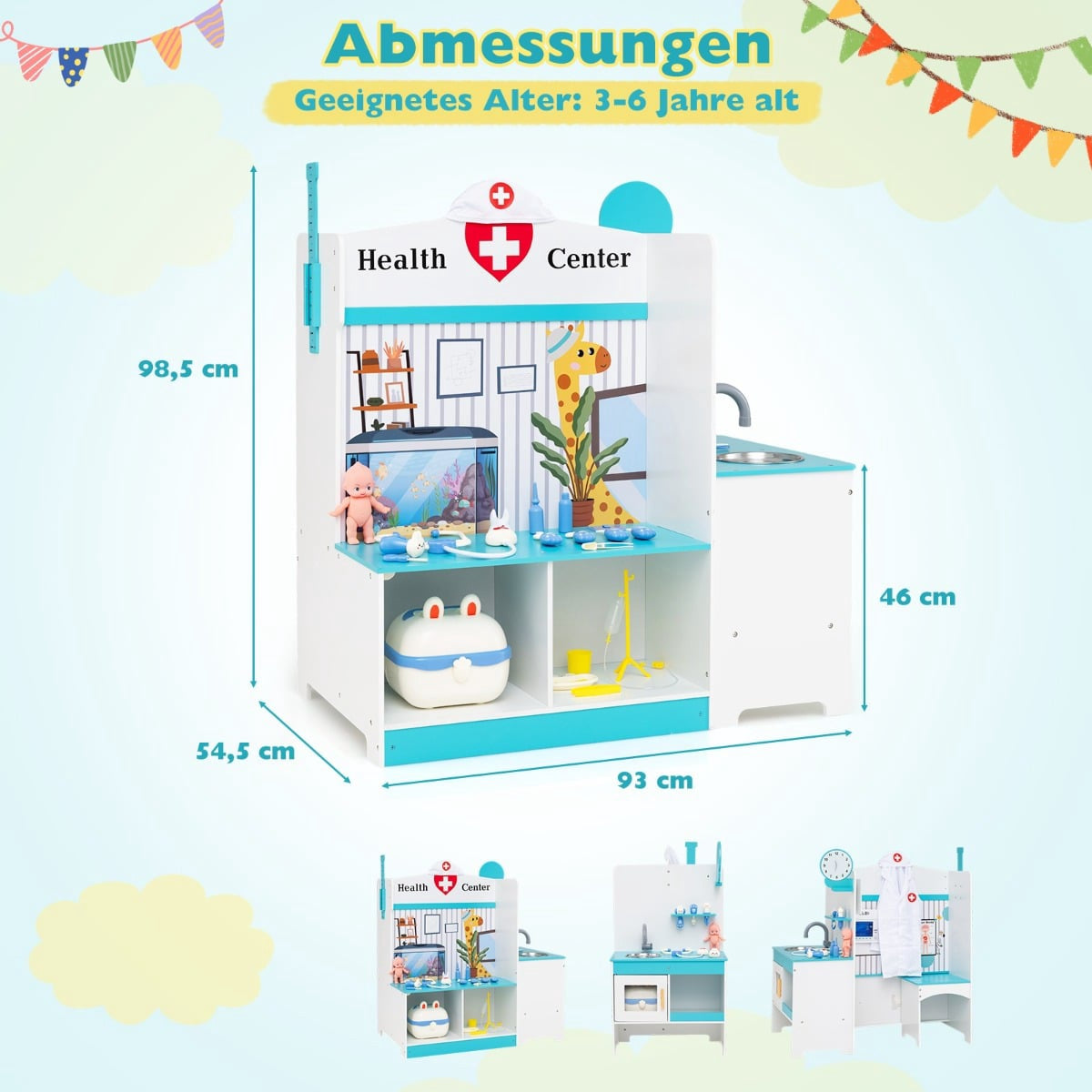 Ensemble de jeu de docteur pour enfants en bois avec détails bleus et blancs et accessoires.