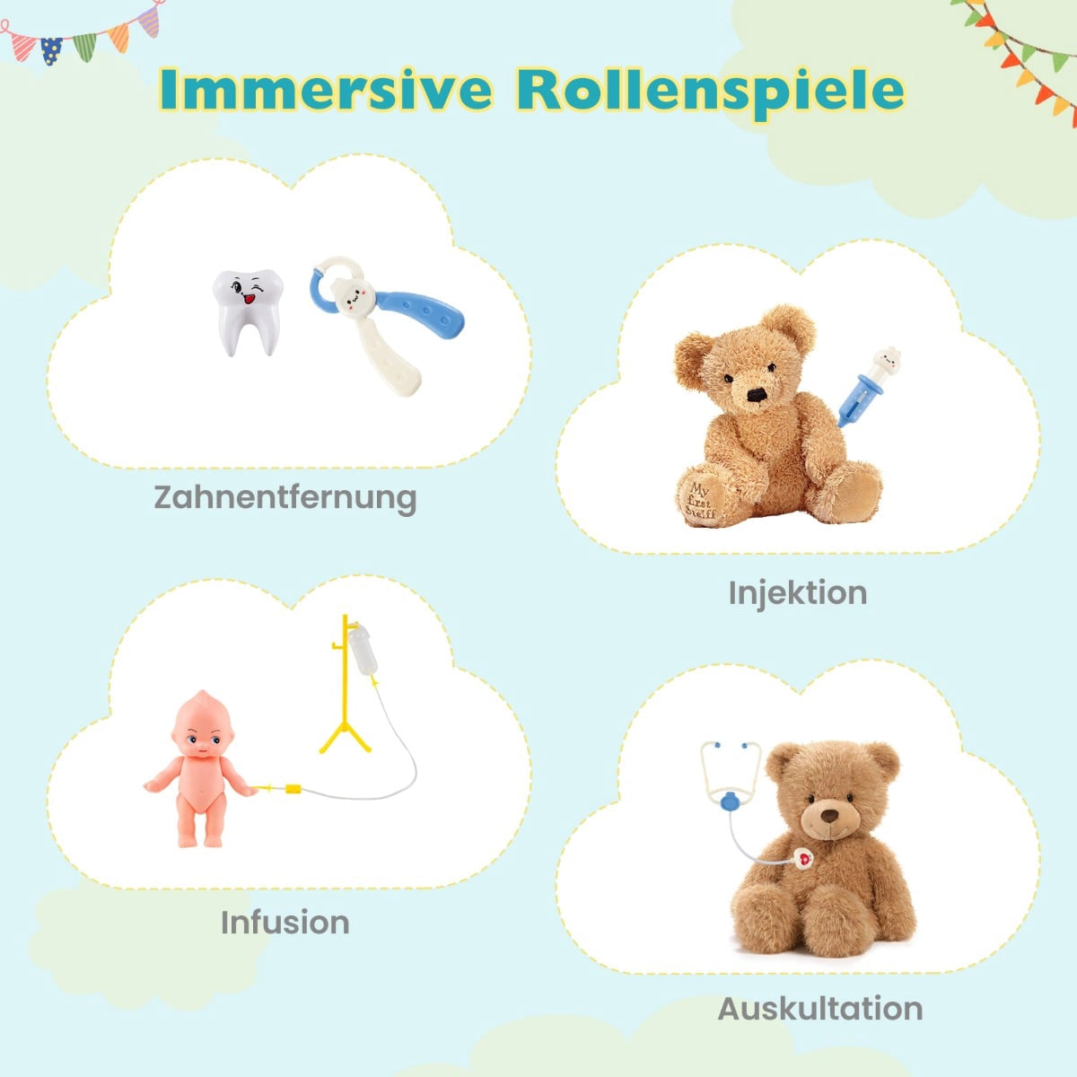 Graphique montrant des jeux de rôle pour enfants comme l'extraction dentaire, l'injection, la perfusion et l'auscultation.