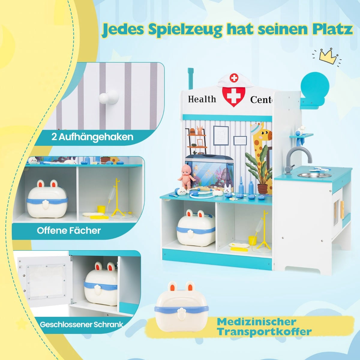 Un jeu de médecin en bois blanc et turquoise avec des accessoires et des détails sur les compartiments.