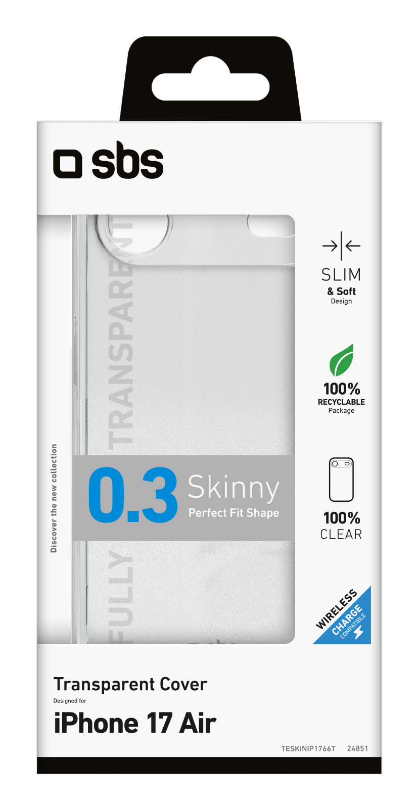 Empaque para funda transparente 0.3 Skinny para iPhone 17 Air, con diseño delgado y 100% reciclable.