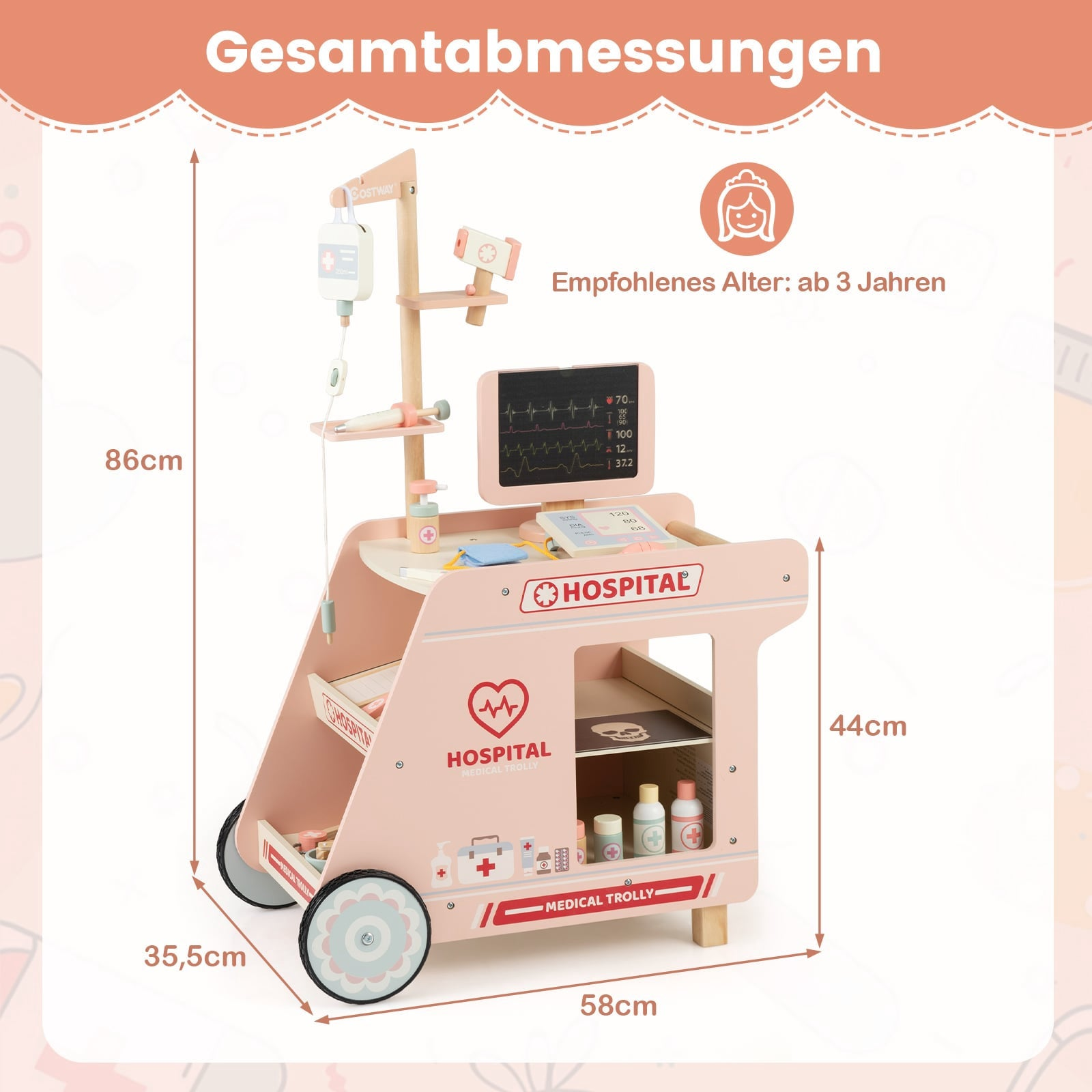 Chariot d'hôpital en bois rose jouet avec accessoires médicaux et dimensions.