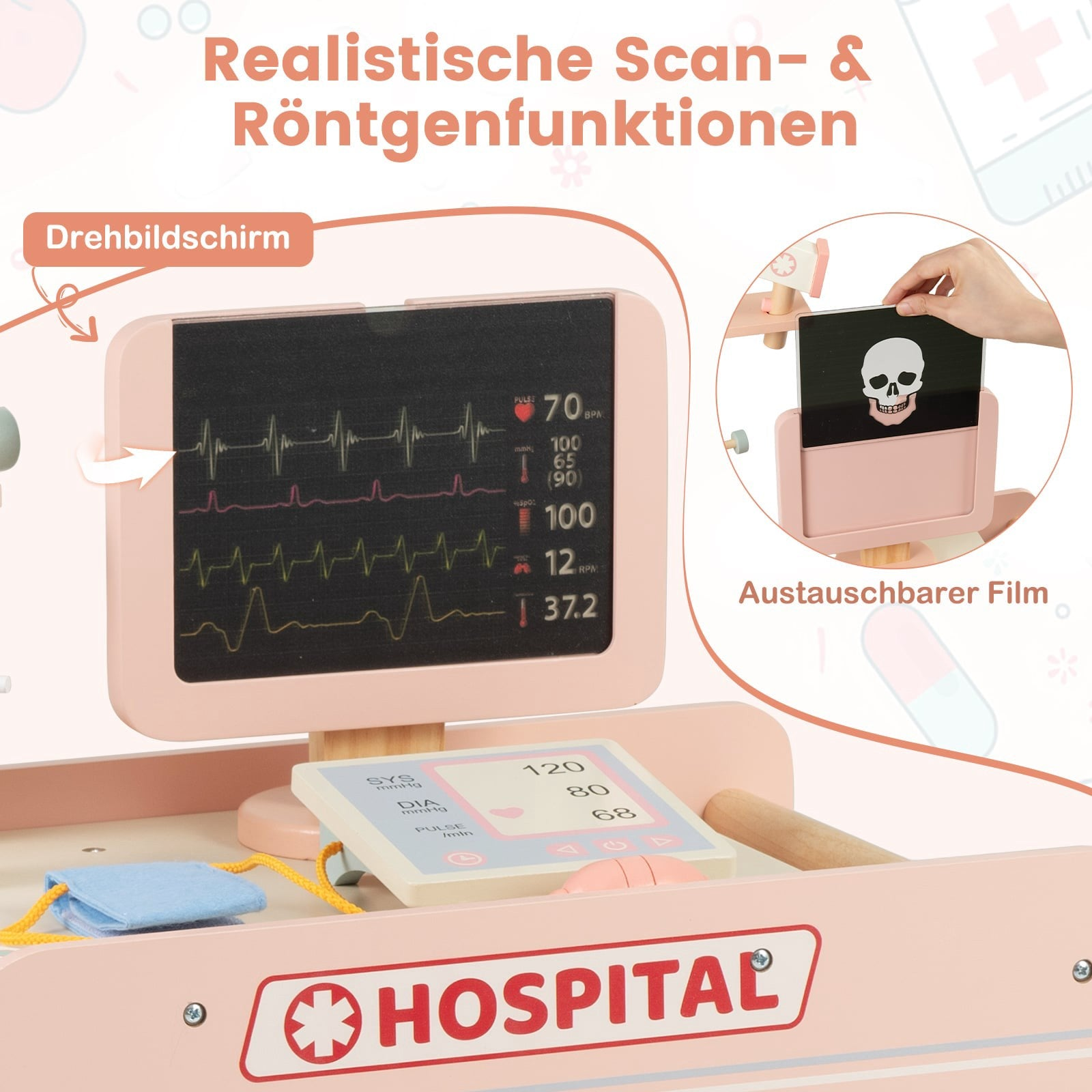 Un moniteur d'hôpital en bois avec écran pivotant et radiographie interchangeable montrant un crâne.