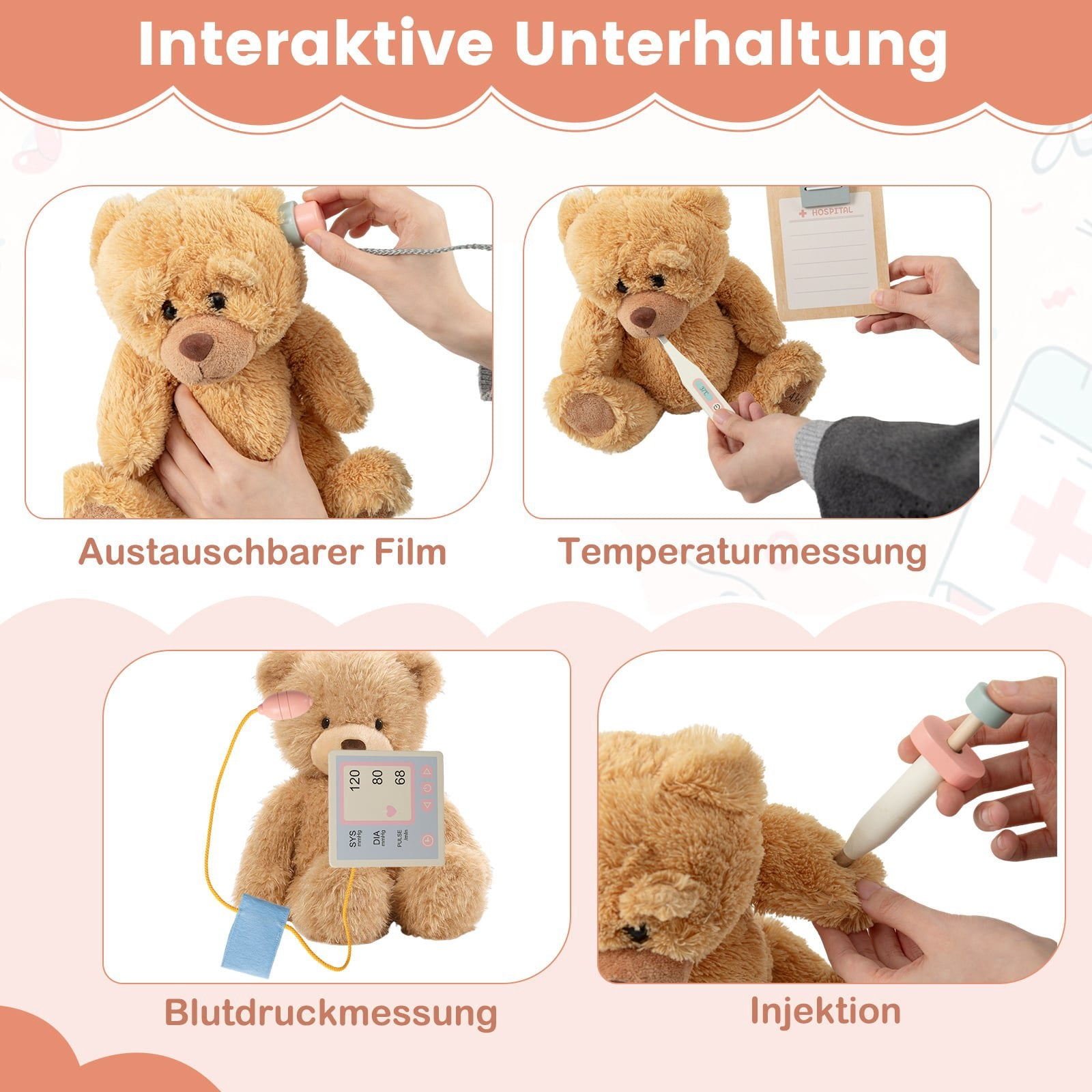 Quatre panneaux montrent des enfants jouant au docteur avec un ours en peluche, avec stéthoscope, thermomètre, tensiomètre et seringue.