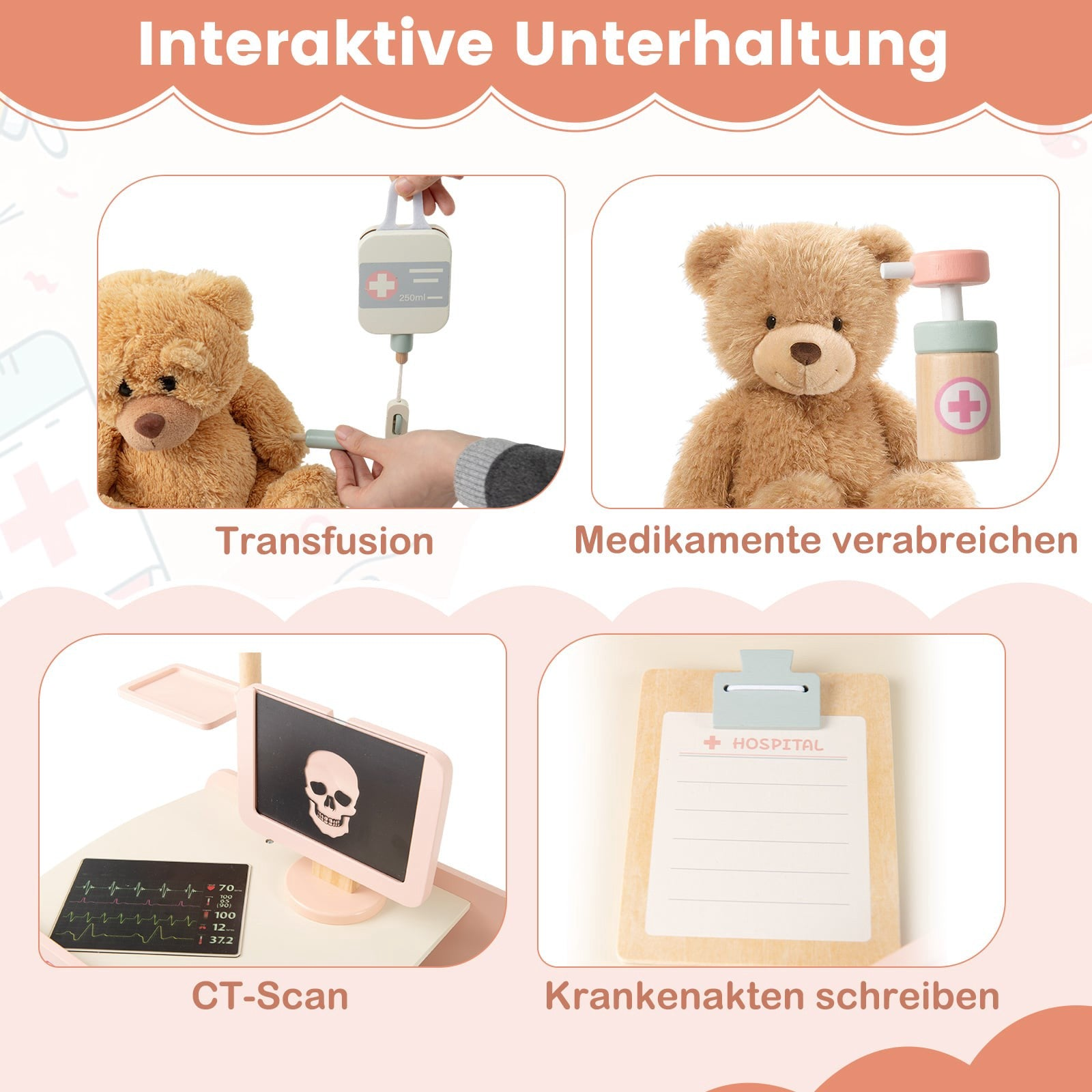 Jeu avec ours en peluche, perfusion, médicaments, scanner et dossier.