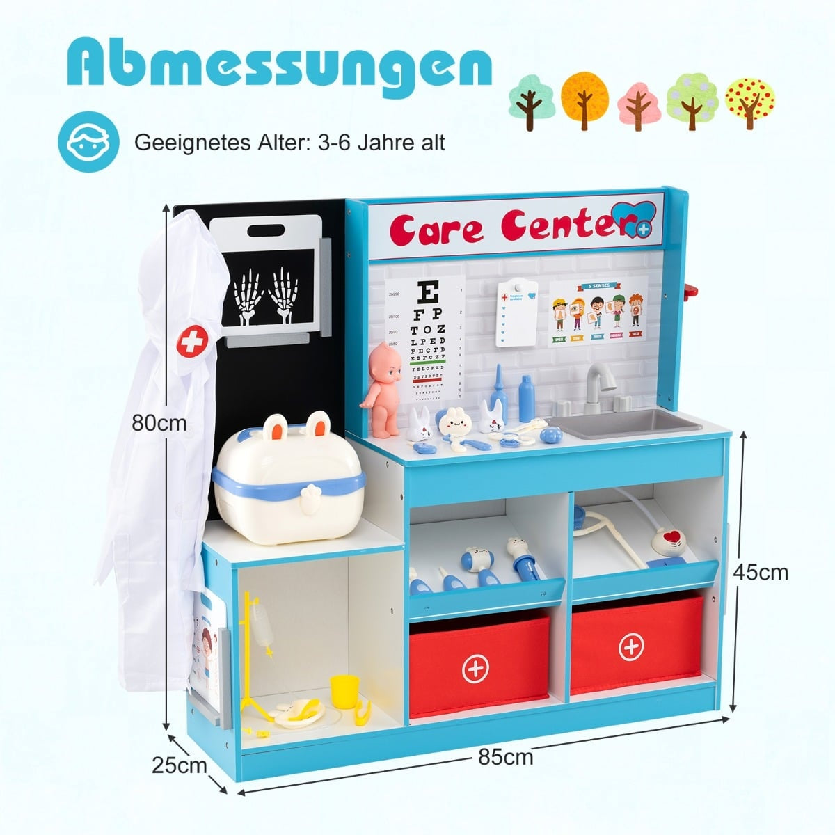 Centre de soin de docteur en bois pour enfants avec accessoires médicaux, dimensions et couleurs blanc-bleu.