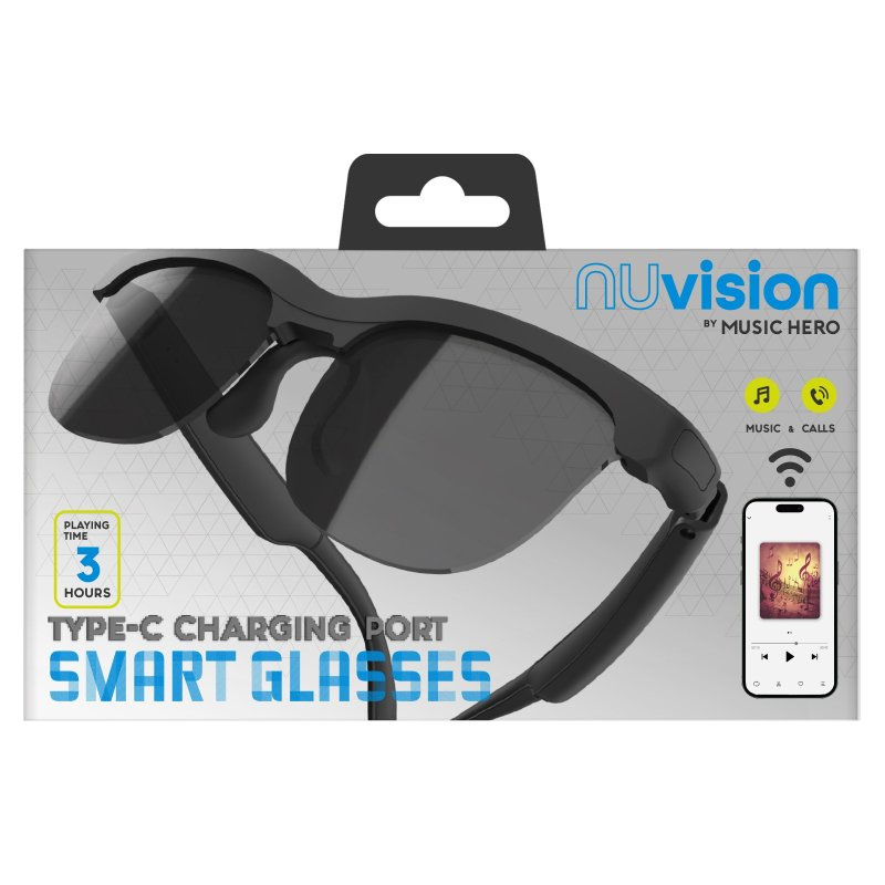 Confezione di occhiali smart NuVision con lenti scure, porta tipo C e controllo musica.