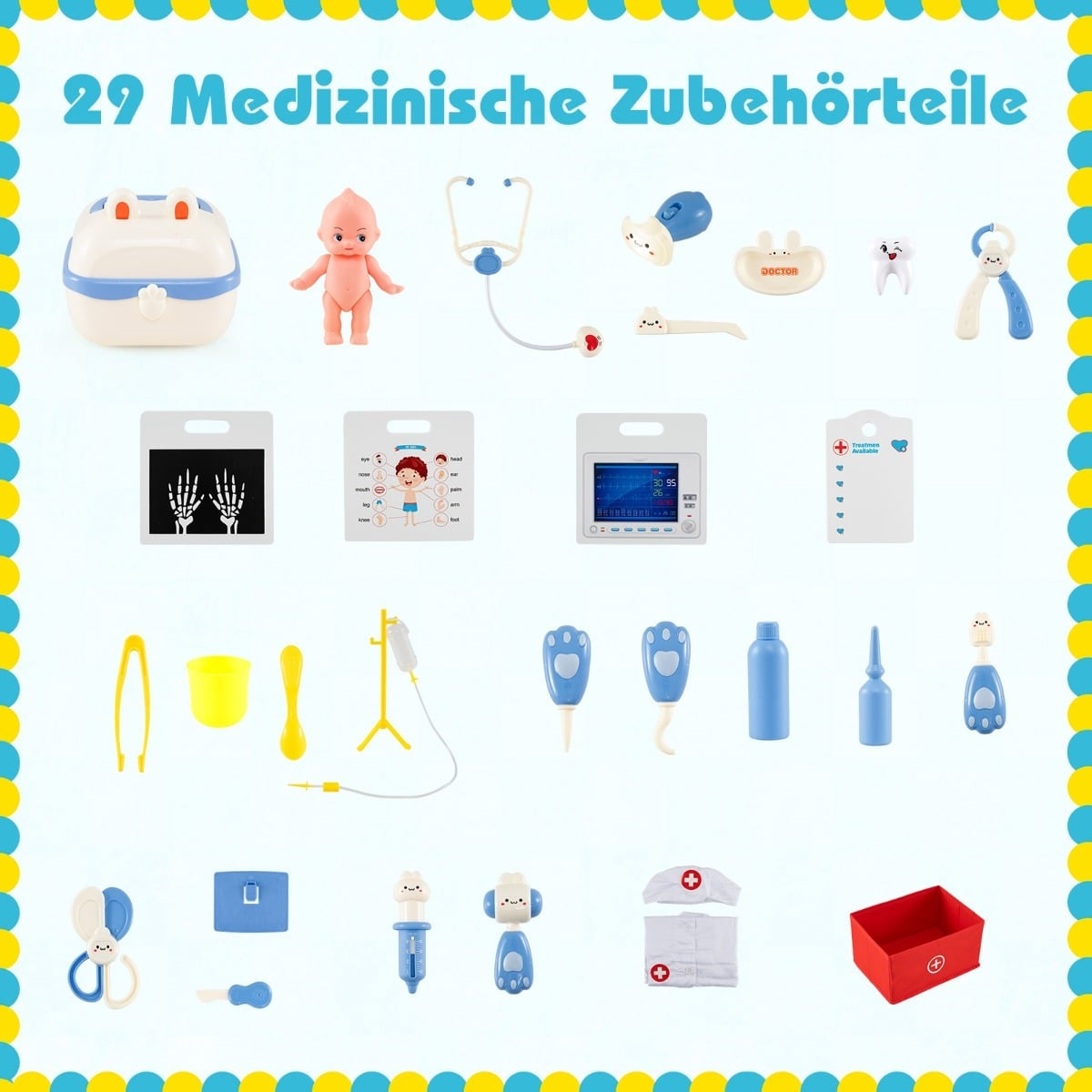 Un ensemble de 29 accessoires de jouets médicaux, incluant poupée, stéthoscope et instruments sur fond bleu clair.