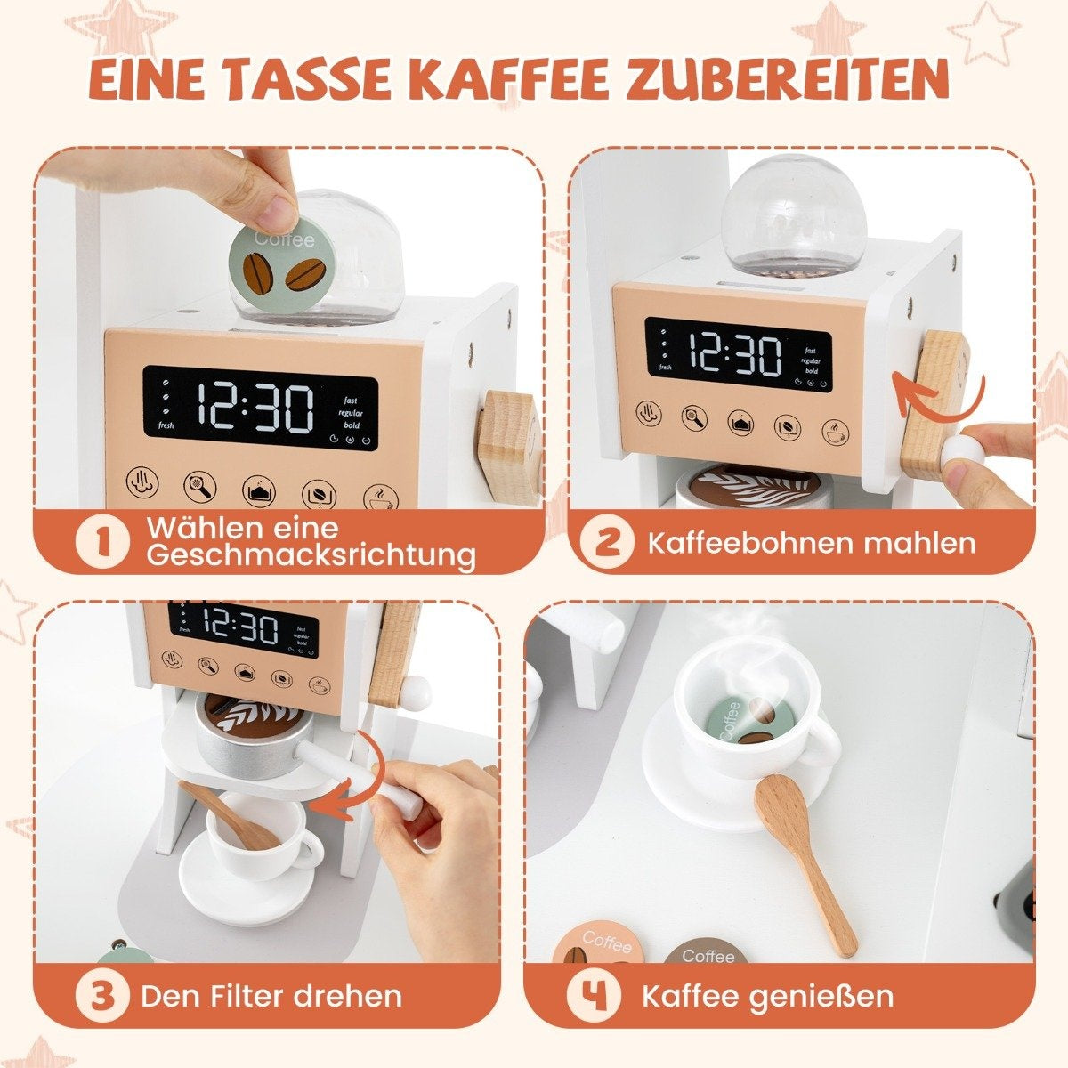Guide en quatre étapes montrant l'utilisation d'une cafetière jouet en bois, du choix de la saveur à la dégustation.