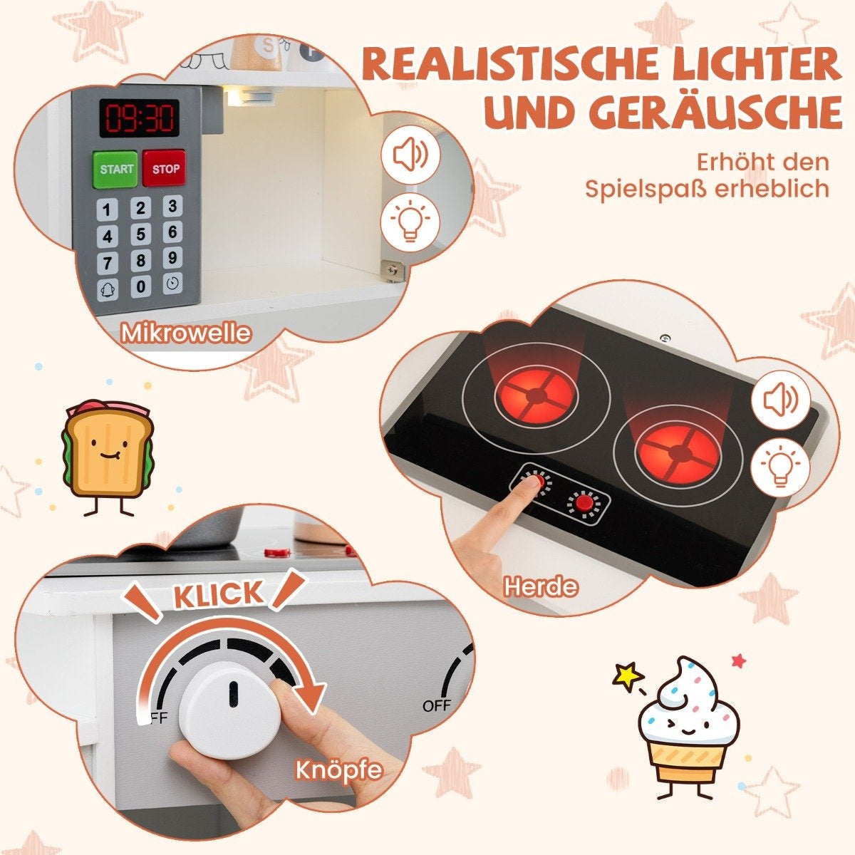 Cuisine jouet avec micro-ondes, cuisinière et boutons pour lumières et sons réalistes.