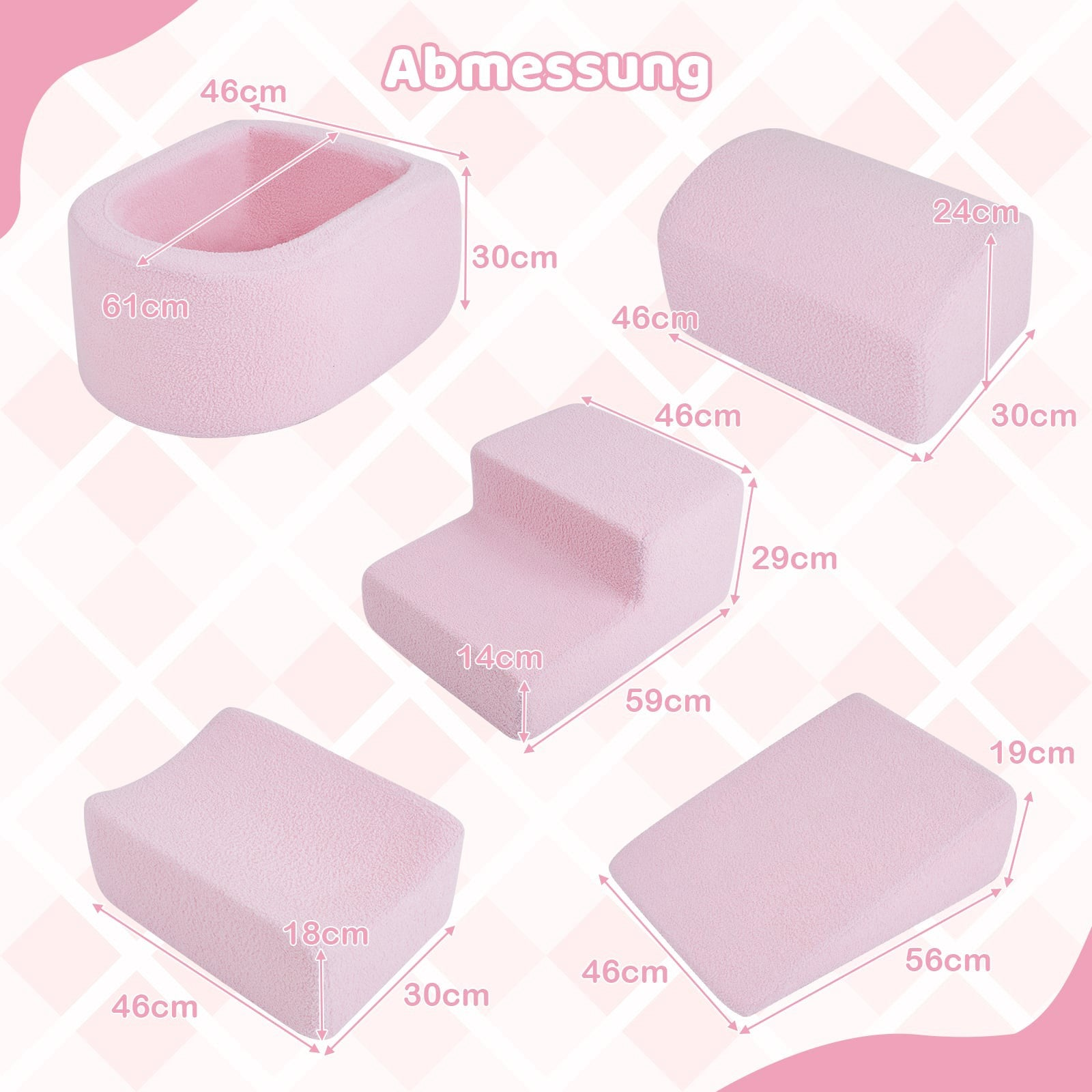 Cinq blocs de mousse rose avec dimensions sur fond à carreaux rose et blanc.