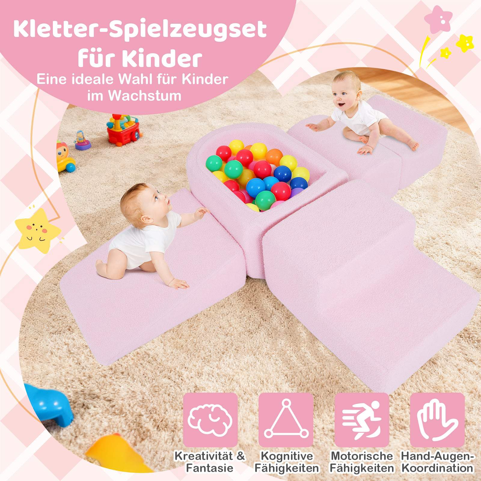 Des tout-petits jouent sur un ensemble d'escalade en mousse rose avec piscine à balles.