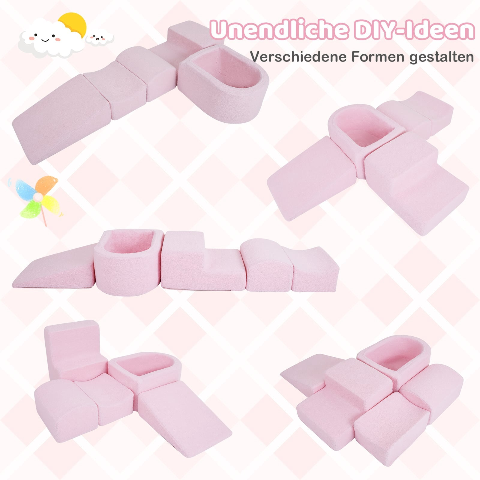 Blocs de jeu en mousse rose disposés en différentes formes modulaires.
