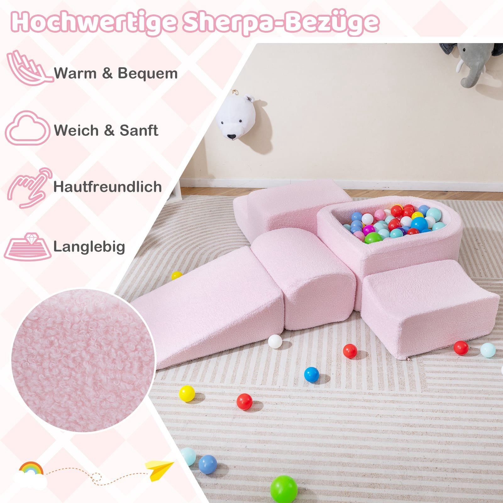 Ensemble de jeu en mousse sherpa rose avec rampe et piscine à balles.