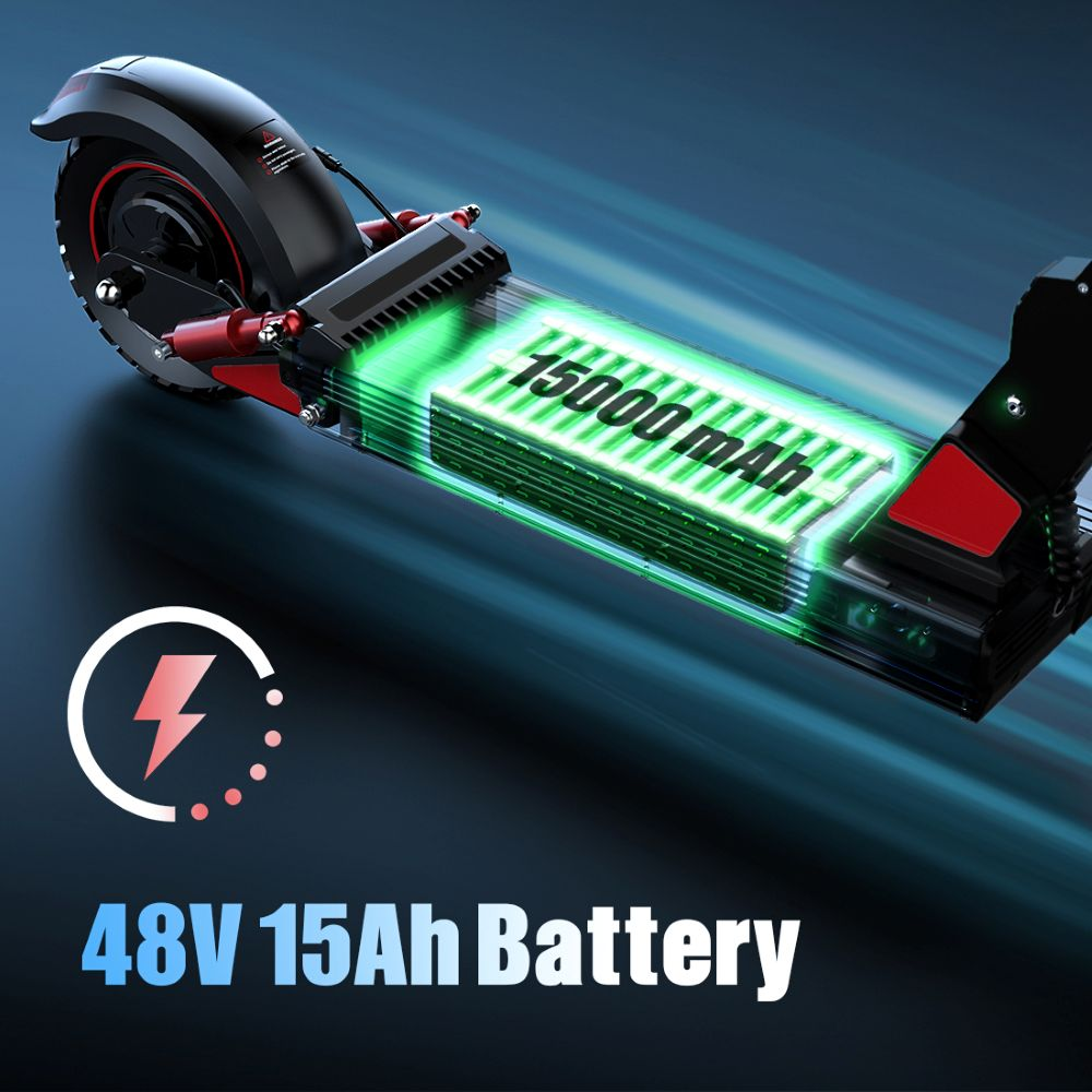 Un monopattino elettrico con una batteria verde luminosa da 48V 15000 mAh.