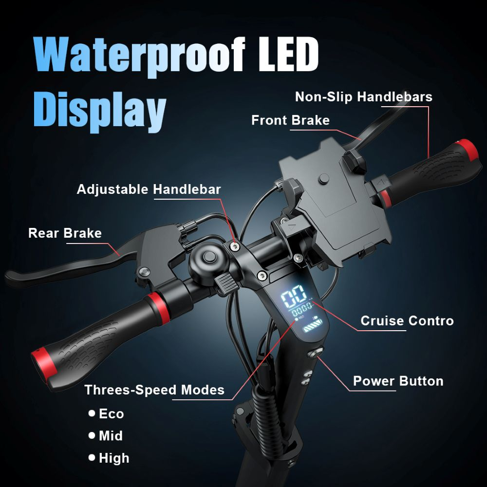 Vista dall'alto del manubrio di un Monopattino elettrico con funzionalità etichettate come display LED e freni.