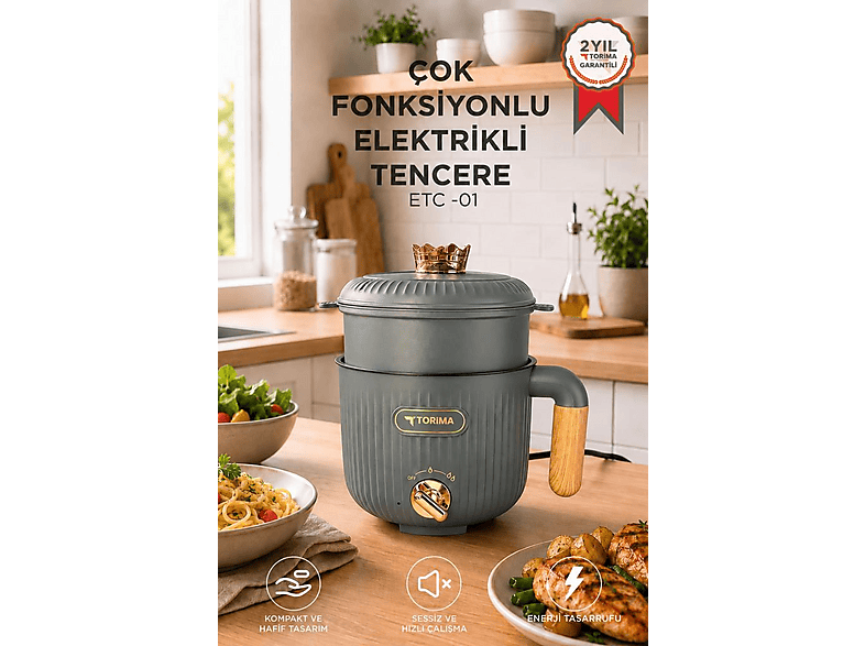 TORIMA ETC01 Çok Fonksiyonlu Elektrikli Tencere 1.6 l Buharlı Yağda Pilav Yemek Pişirme Makinesi Antrasit
