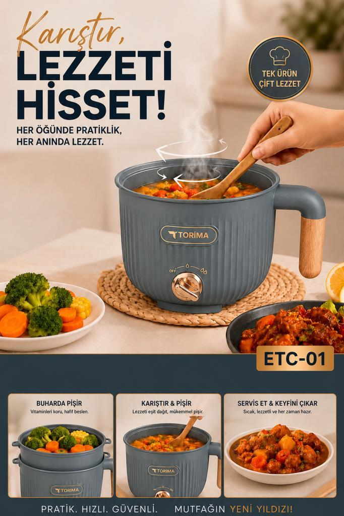Ahşap saplı gri elektrikli pişirme tenceresi ve bir reklamda yemek.