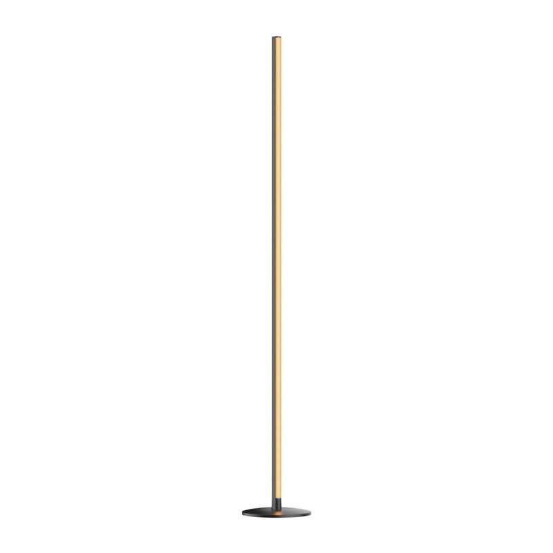 Una lampada da terra moderna ed elegante con una barra luminosa calda verticale su base rotonda.