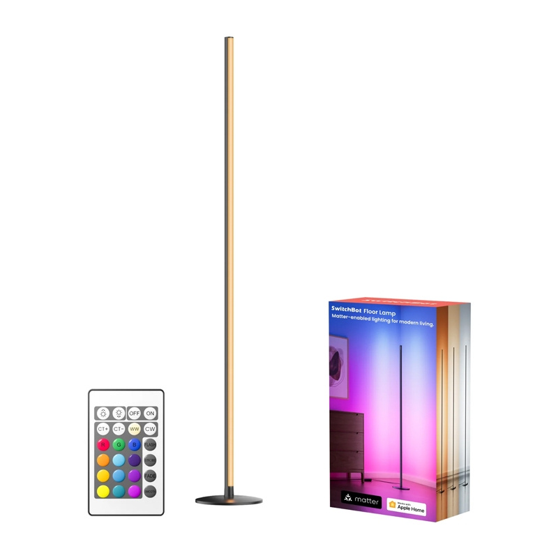 Lampada da terra a LED sottile e moderna con telecomando e confezione del prodotto su sfondo bianco.