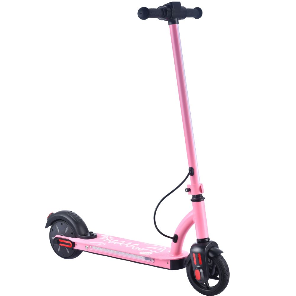 Un monopattino elettrico rosa per bambini con gomme e manubrio neri su sfondo bianco.