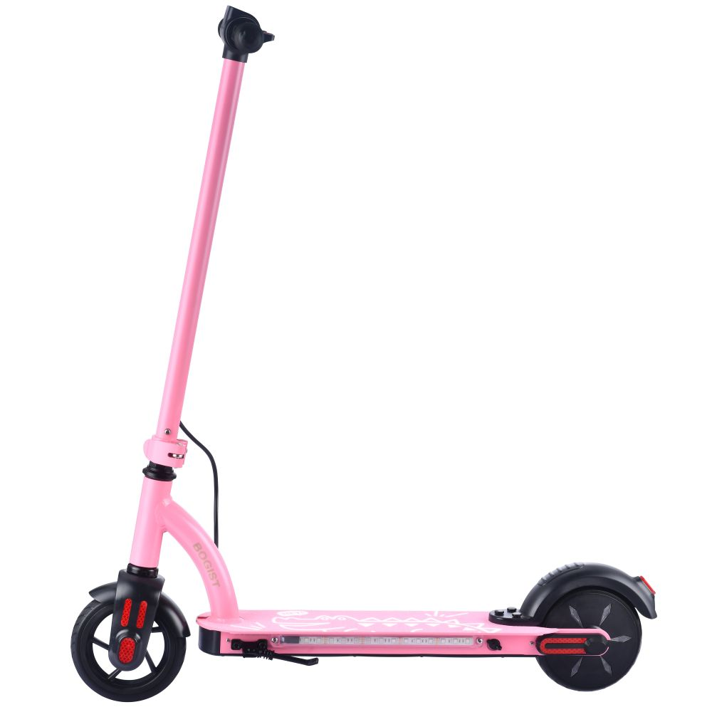 Un monopattino elettrico rosa con manubrio e pneumatici neri su sfondo bianco.