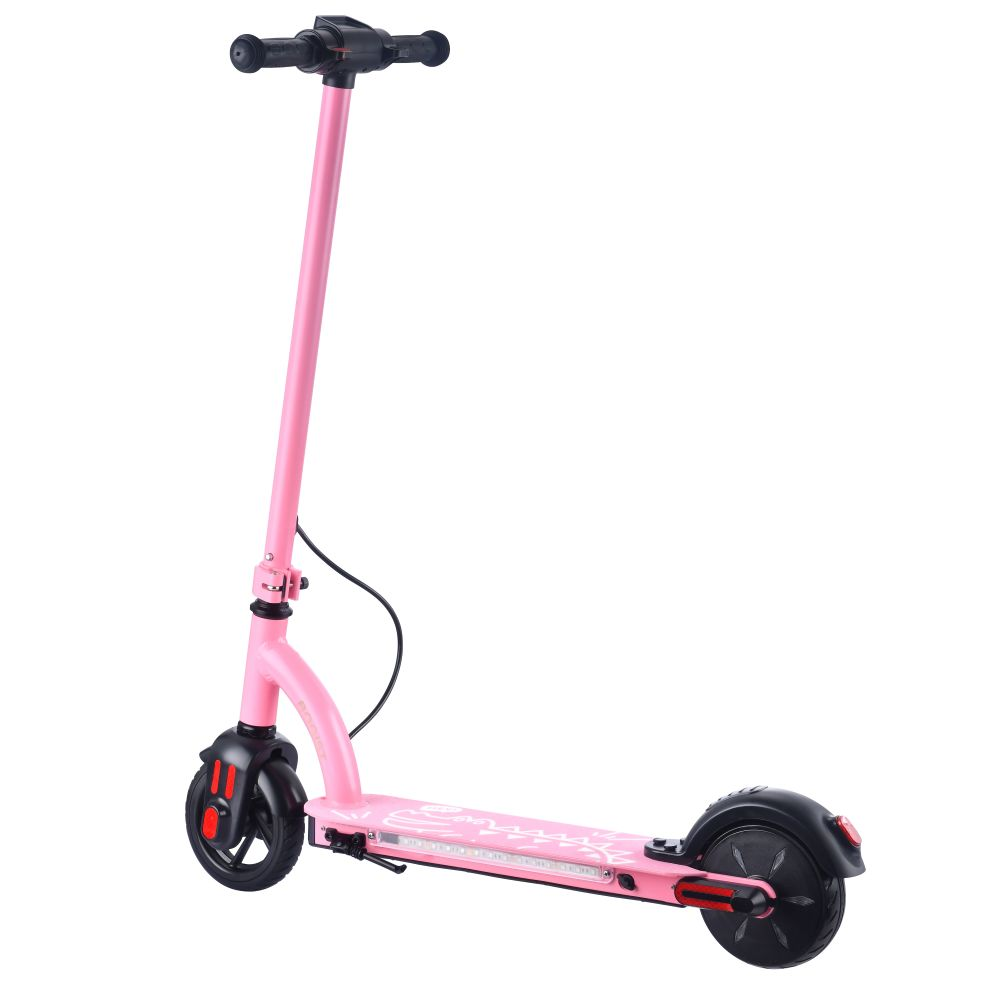 Un monopattino elettrico rosa con manubrio e pneumatici neri su sfondo bianco.