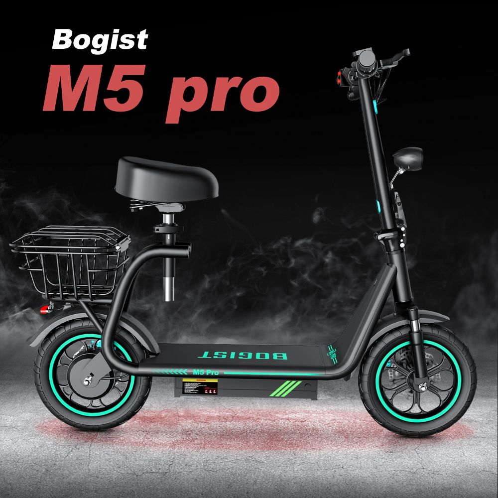 Monopattino elettrico nero Bogist M5 Pro con sedile e cestino su sfondo scuro.