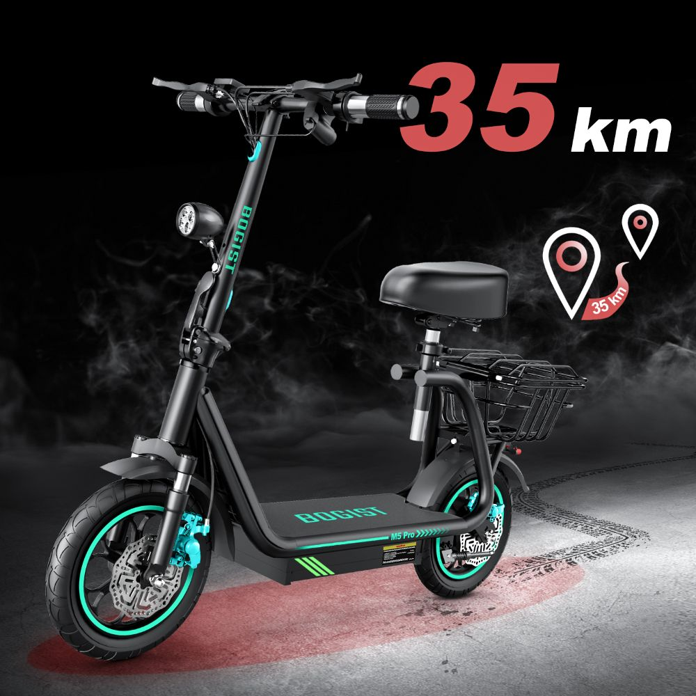 Monopattino elettrico nero Bogist M5 Pro con sedile e cestino posteriore su sfondo scuro.