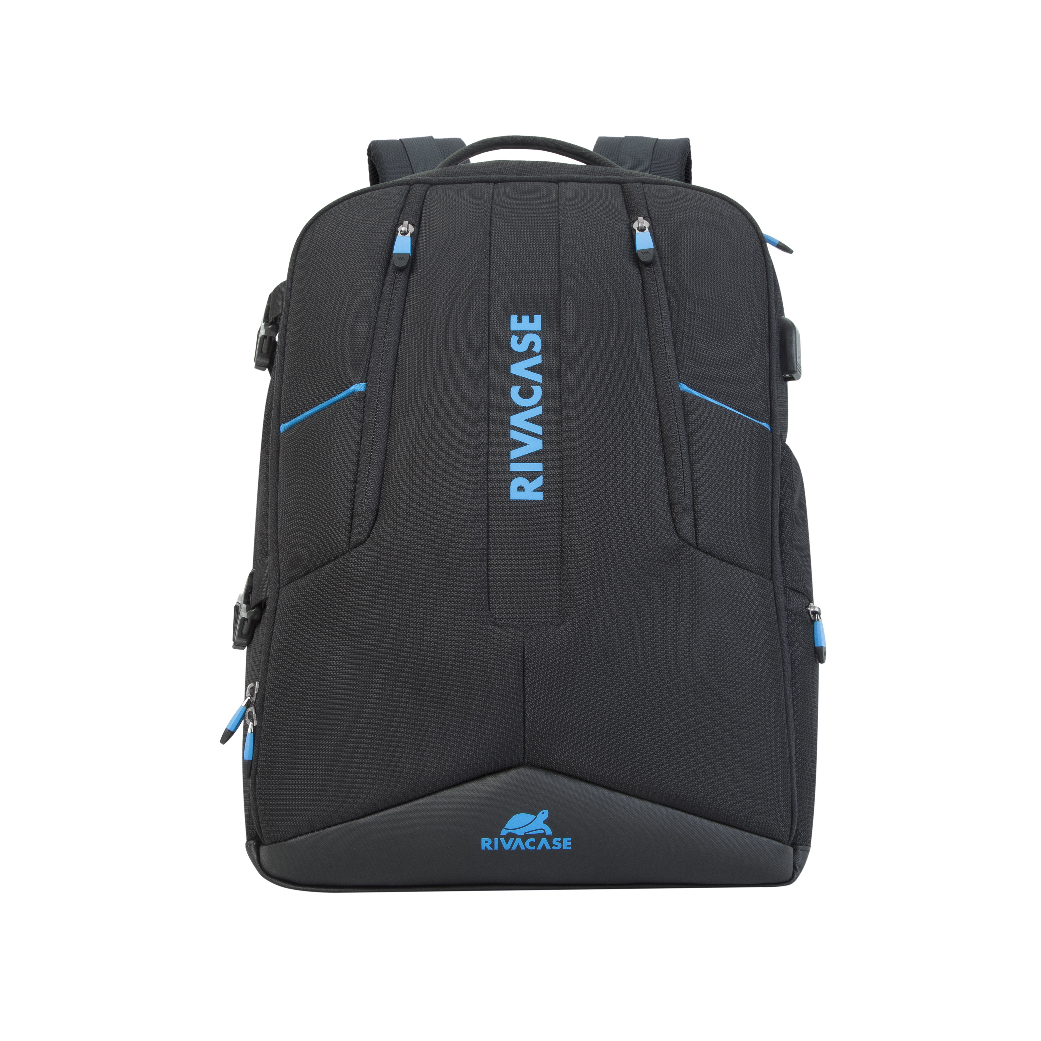 Zwarte Rivacase rugzak met blauwe accenten en ritsen op een witte achtergrond.