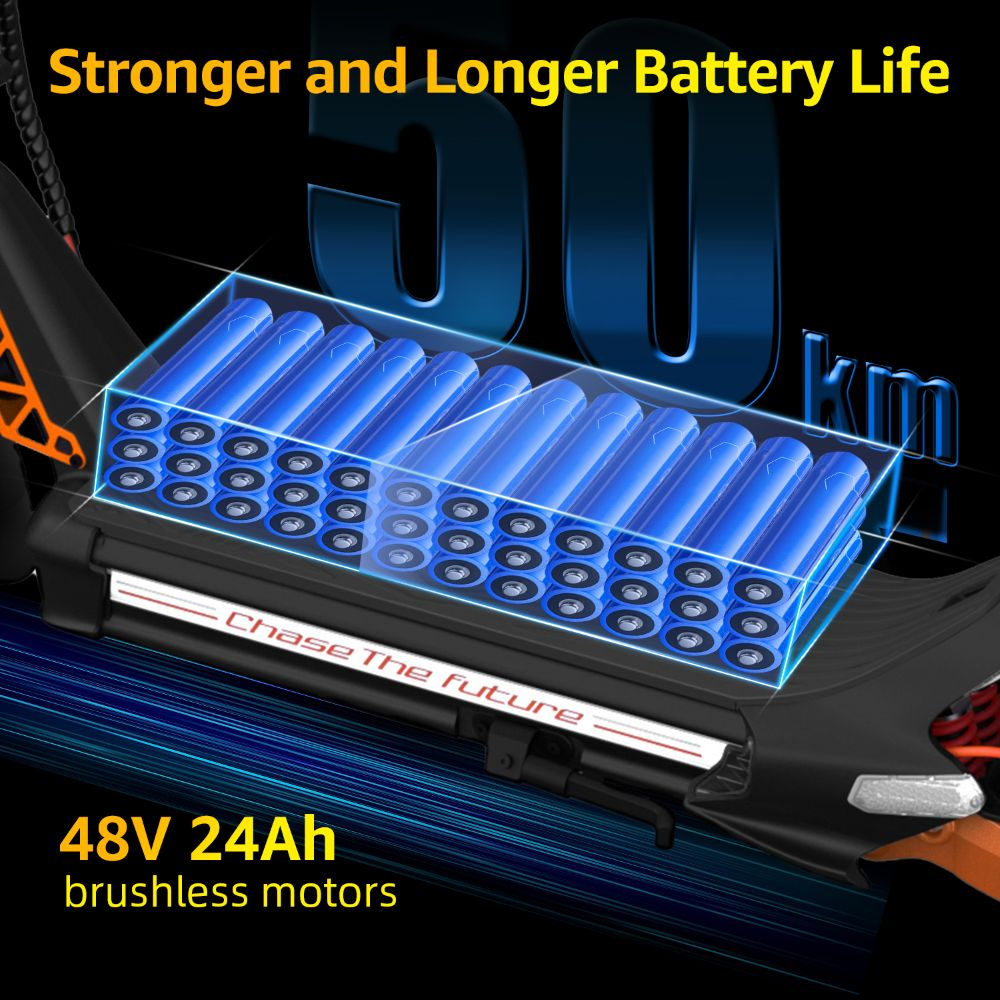 Un monopattino elettrico con una vista trasparente delle celle della batteria agli ioni di litio blu all'interno.