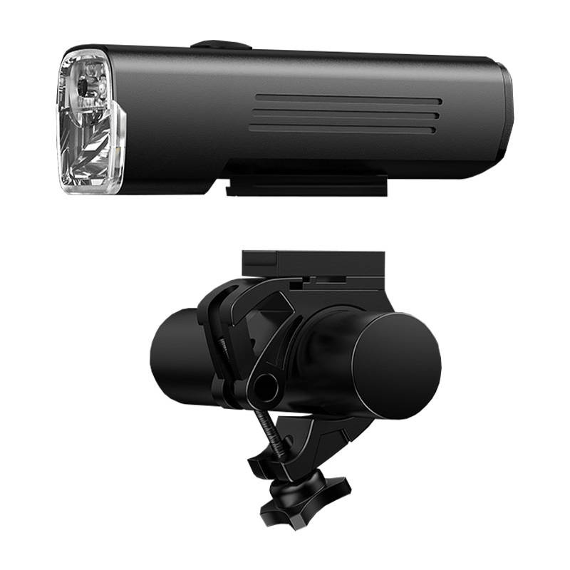 Luce anteriore per bicicletta LED nera con supporto per manubrio su sfondo bianco.