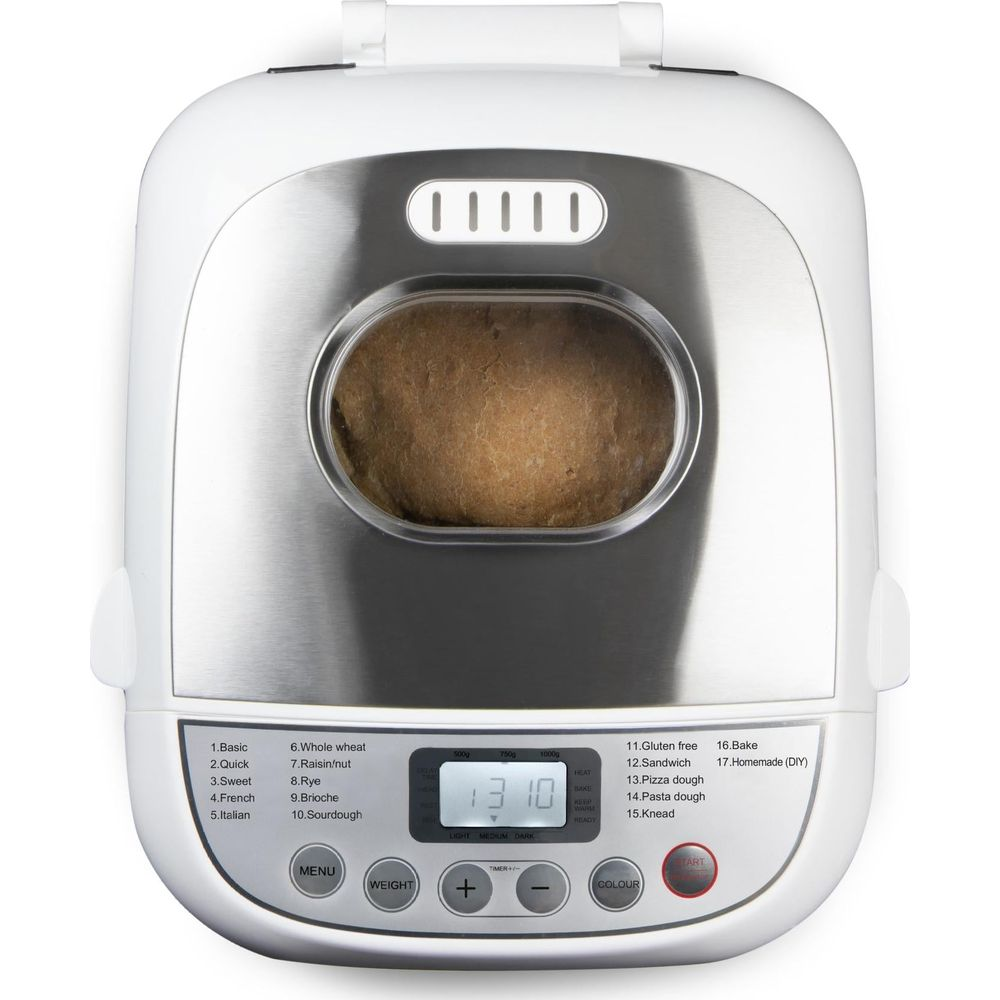 Ein weißer Brotbackautomat mit Sichtfenster, digitalem Display und nummerierter Programmliste auf dem Bedienfeld.