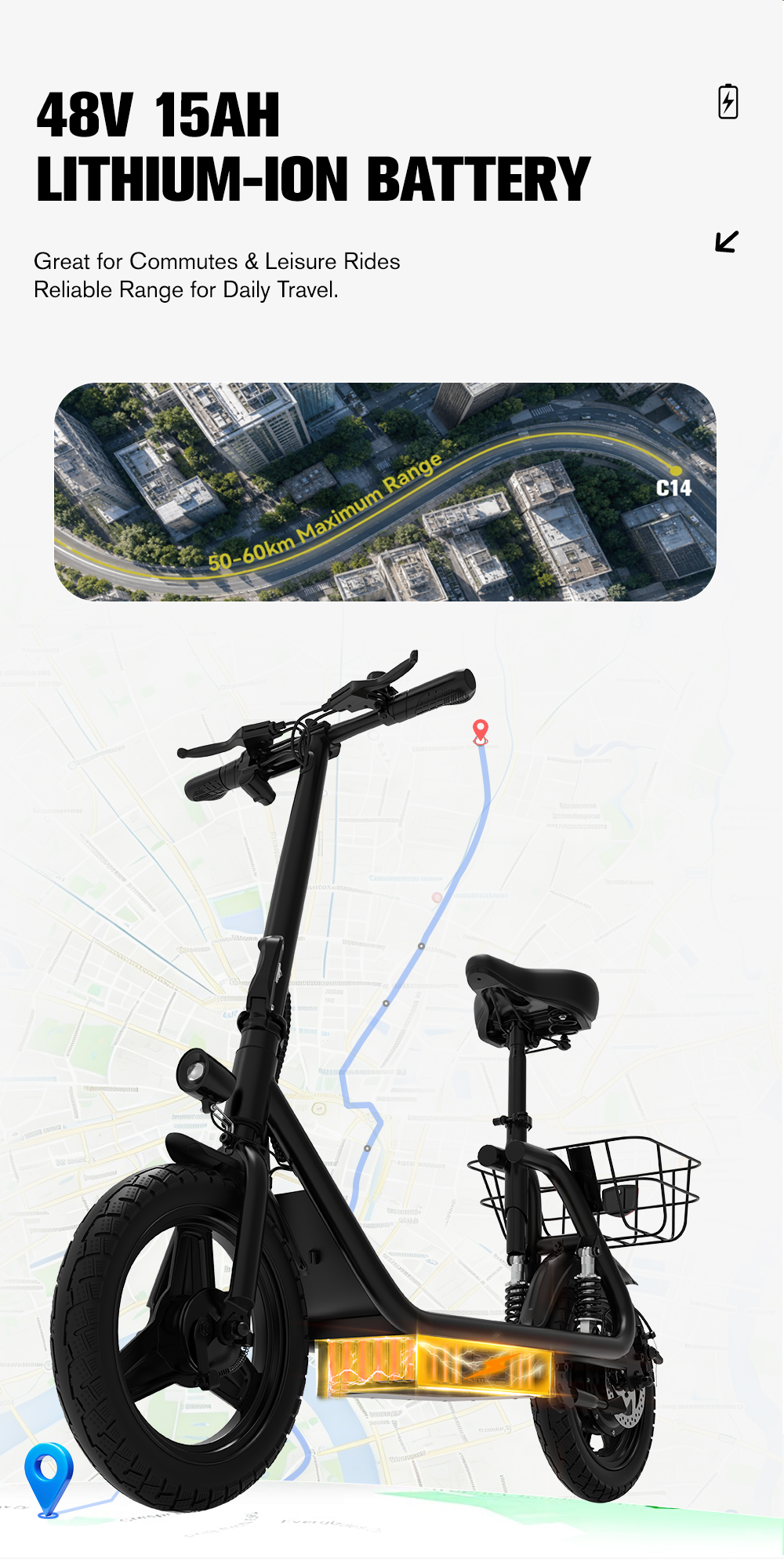 Una bici elettrica nera su sfondo mappa, con batteria luminosa da 48V 15Ah e autonomia di 50-60km.