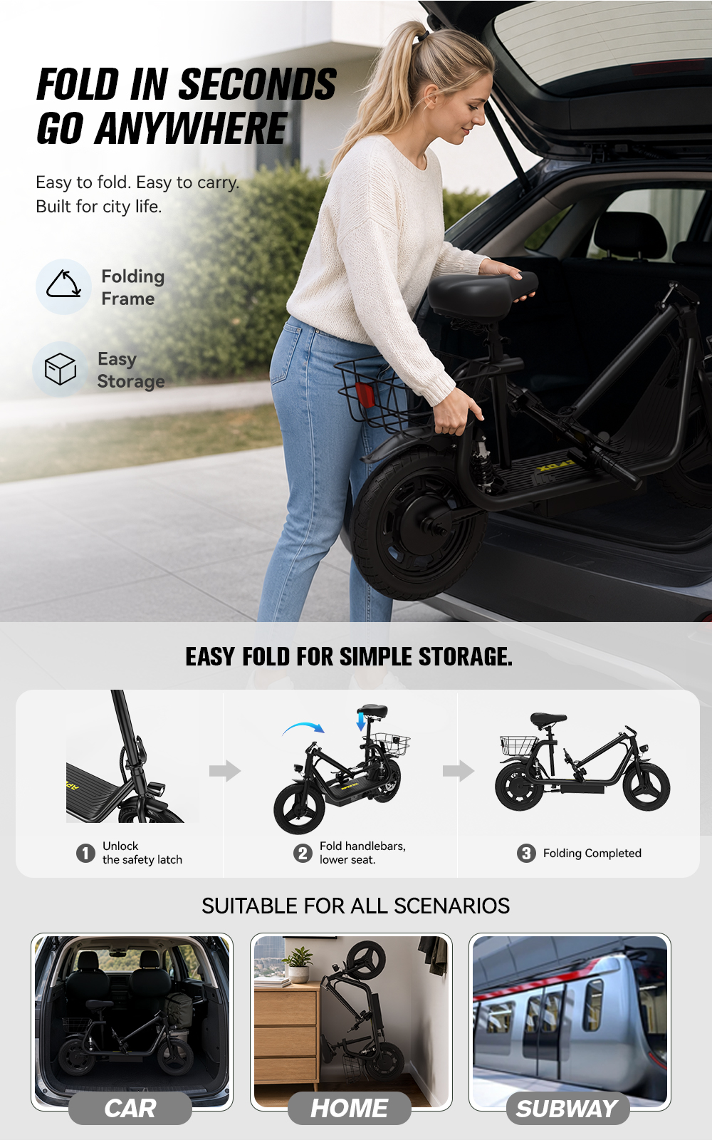 Una donna carica una bici elettrica nera pieghevole nel bagagliaio, mostrando passaggi e scenari.