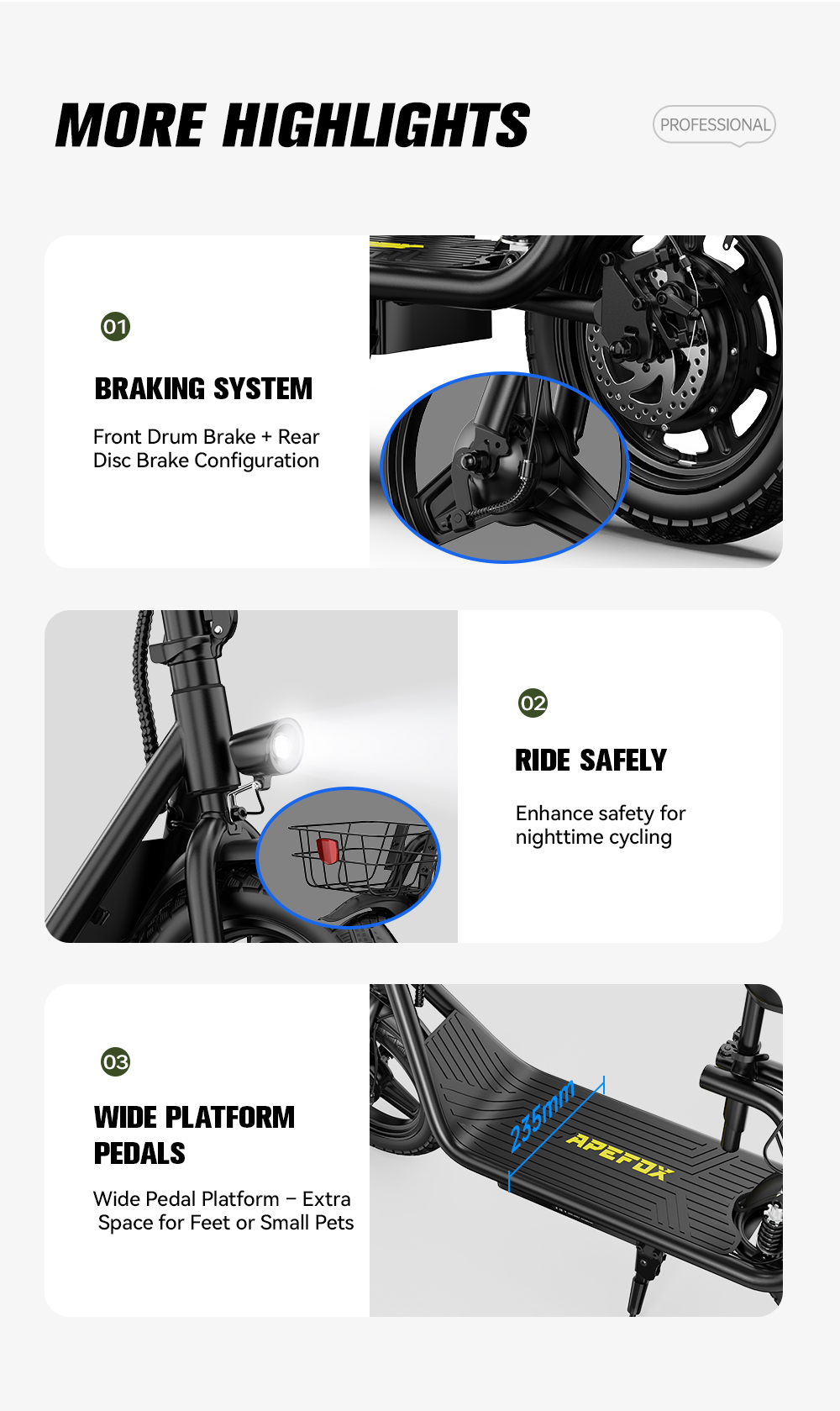 Caratteristiche e-bike: impianto frenante, luce e pedale.