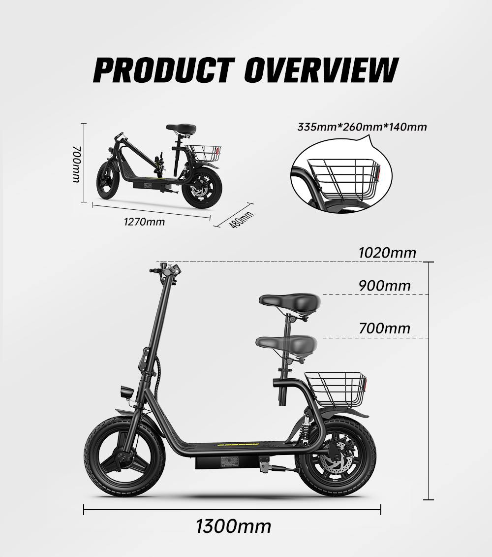 Panoramica di un monopattino elettrico nero con dimensioni, sedile regolabile e cestino.