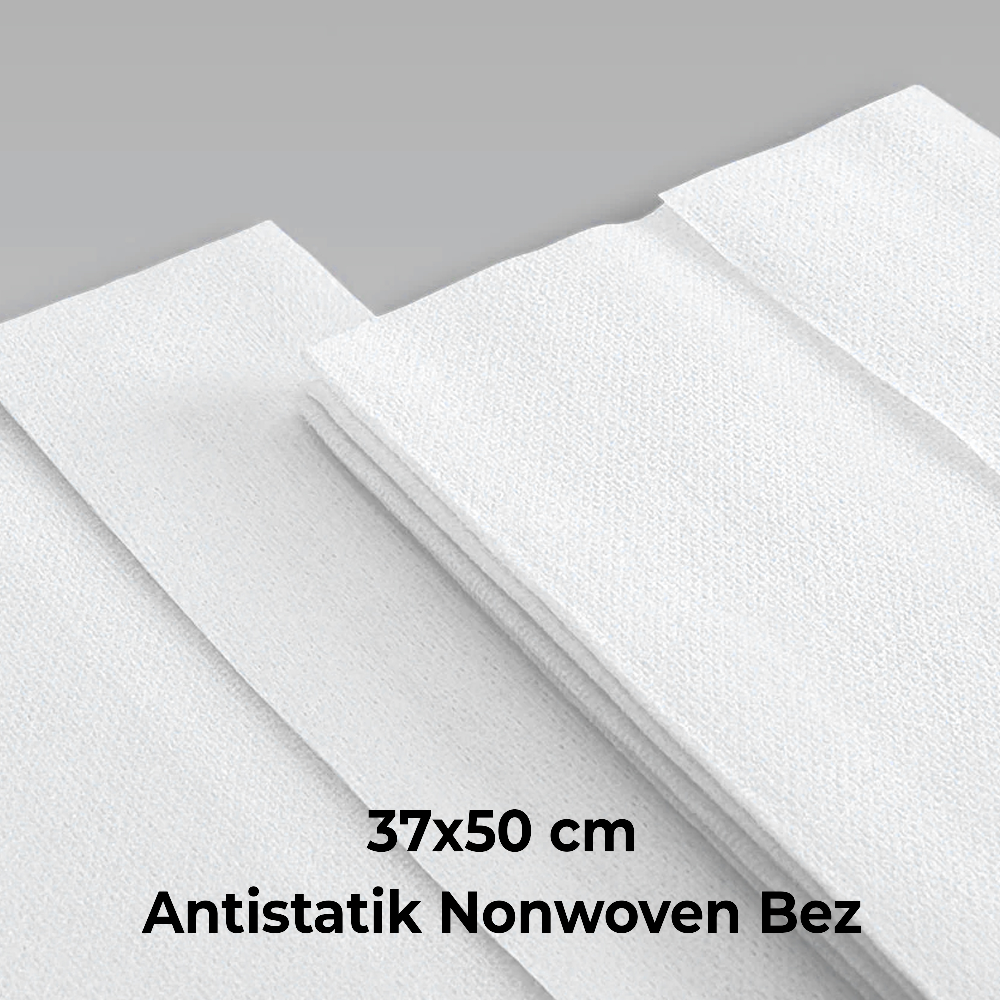 Gri arka planda 37x50 cm boyutunda beyaz antistatik dokusuz kumaş.
