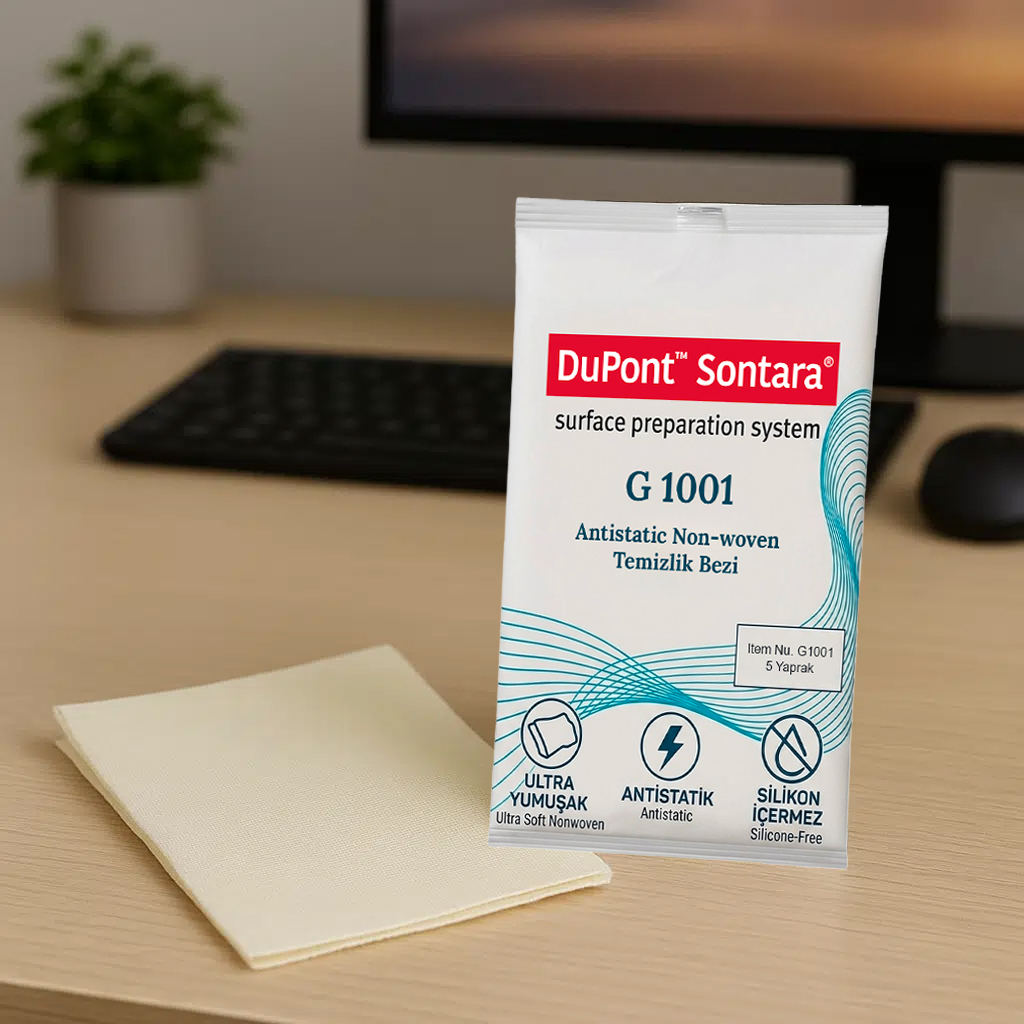 Arka planda klavye ve monitörle birlikte masada duran bir DuPont Sontara temizlik bezi paketi ve yanında katlanmış bez.