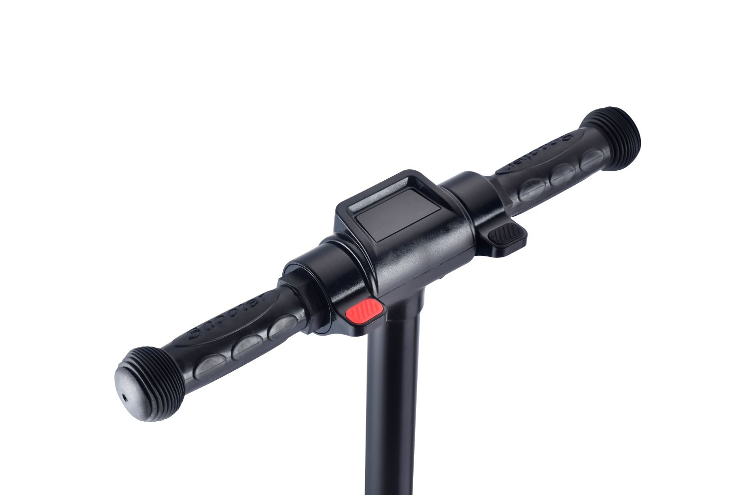 Manubrio per monopattino elettrico nero con display, manopole, pulsanti rosso e nero su sfondo bianco.