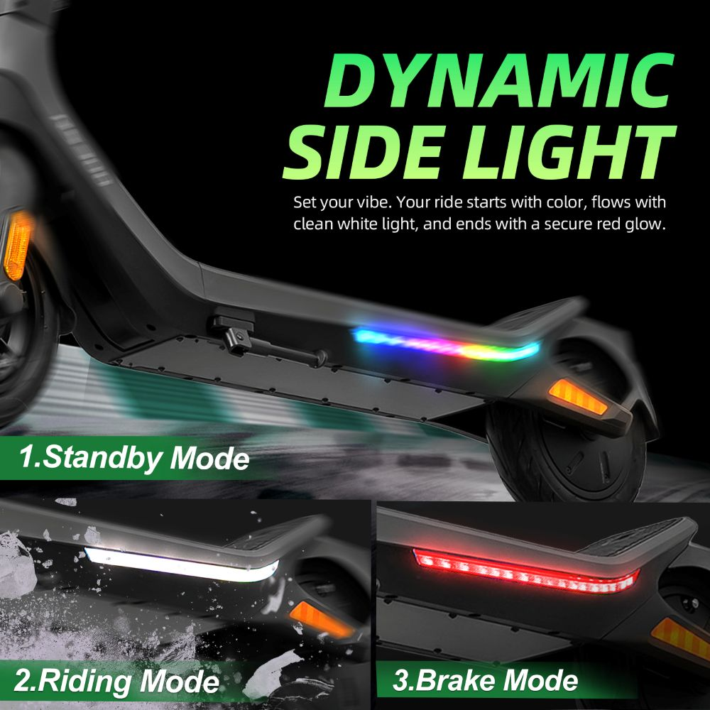 Un monopattino elettrico con illuminazione laterale dinamica mostra le modalità standby, guida e freno.